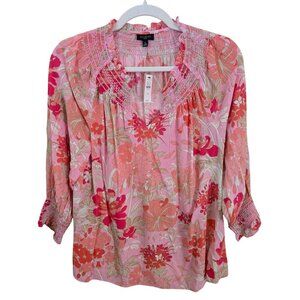 Talbots NWT Pink Floral Smocked Neckline Cuffs 3/4 Sleeve Blouse Size PS